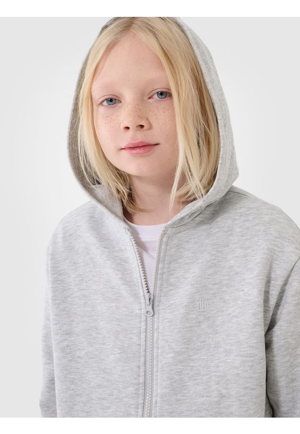 4f - 4F Bluza dresowa rozpinana z kapturem chłopięca - szara 140 (9-10 lat). Okazja: na co dzień. Typ kołnierza: kaptur. Kolor: szary. Materiał: dresówka. Wzór: gładki, ze splotem. Sezon: lato. Styl: sportowy, casual
