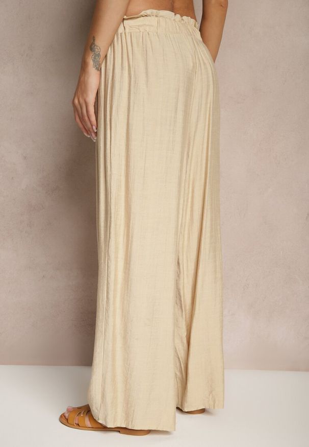 Renee - Beżowe Spodnie High Waist o Szerokim Kroju z Wiązaniem Telisiela. Okazja: na co dzień. Stan: podwyższony. Kolor: beżowy. Styl: klasyczny, casual, elegancki
