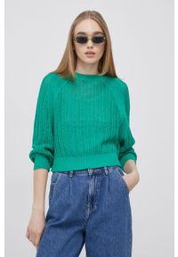 JDY sweter damski kolor zielony lekki. Okazja: na co dzień. Kolor: zielony. Materiał: bawełna. Długość rękawa: raglanowy rękaw. Styl: casual