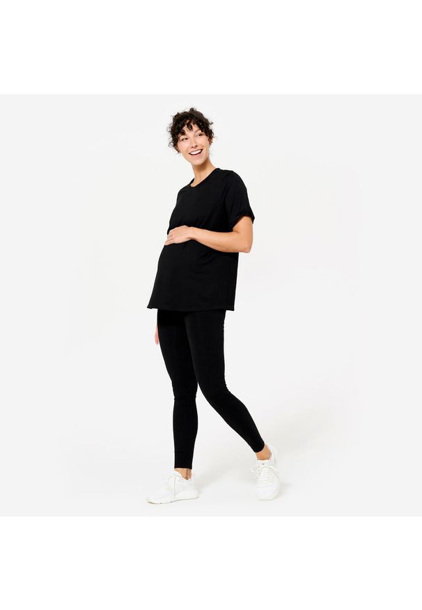 DOMYOS - Koszulka do jogi damska Kimjaly ciążowa. Kolekcja: moda ciążowa. Kolor: czarny. Materiał: skóra, materiał, elastan. Sport: joga i pilates