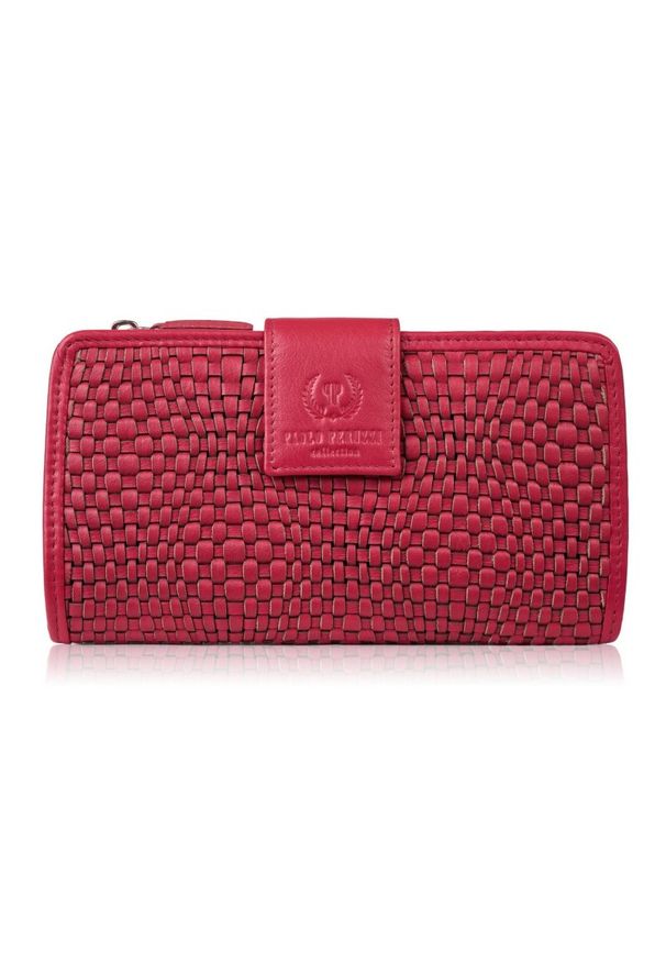 PAOLO PERUZZI - Portfel damski skórzany w kolorze malinowym duży pleciony Paolo Peruzzi AY-08-RD. Kolor: czerwony. Materiał: skóra