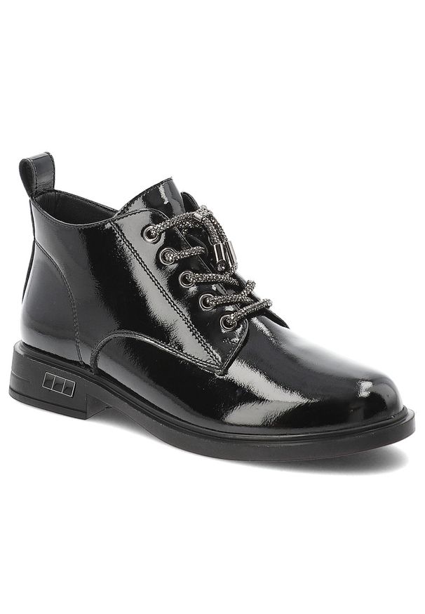 Czarne Botki S.Barski Modne Buty Damskie. Okazja: na co dzień. Zapięcie: sznurówki. Kolor: czarny. Materiał: lakier, skóra. Styl: casual