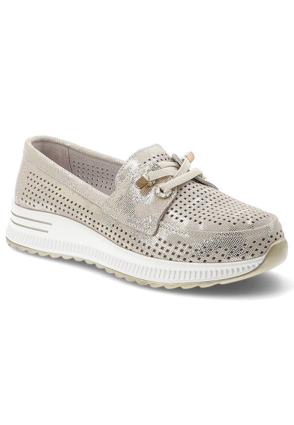 Półbuty damskie Artiker, cholewka ze skóry naturalnej perforowana struktura metaliczne wykończenie, złote, 58C0485. Kolor: złoty. Materiał: skóra. Szerokość cholewki: normalna