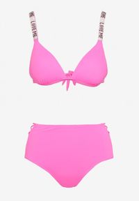 Born2be - Różowe Bikini Biustonosz na Regulowanych Ramiączkach z Cyrkoniami Majtki ze Sznurkiem Urubia. Kolor: różowy. Wzór: aplikacja