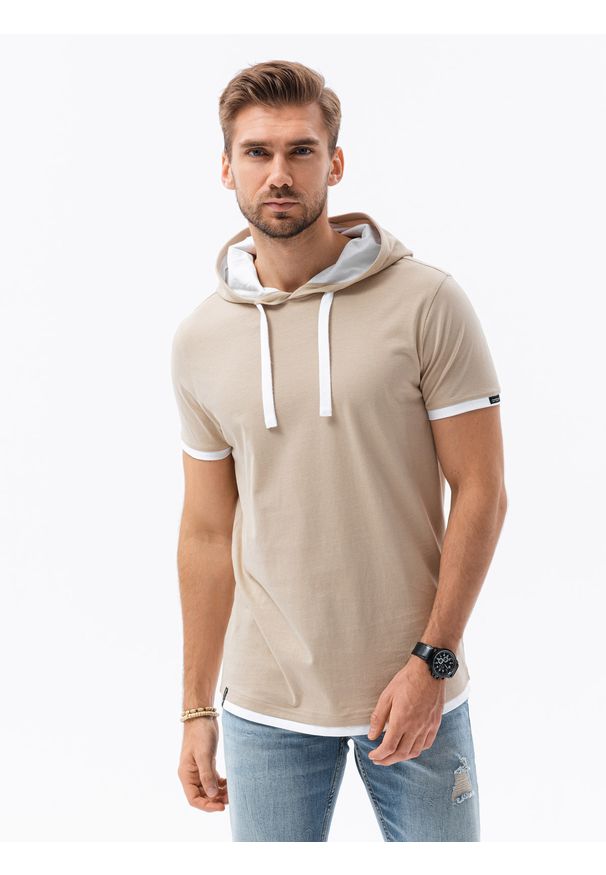 Beżowy t-shirt Ombre Clothing z kapturem