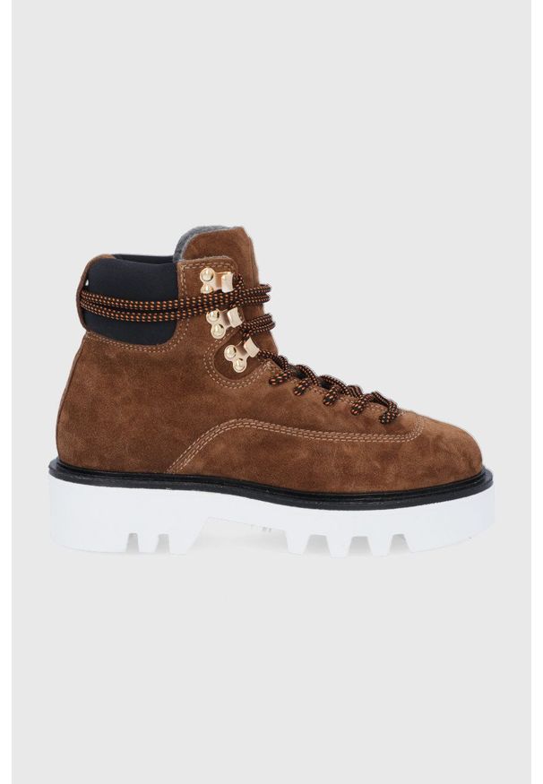 Furla Workery zamszowe Rita Hiking Boot damskie kolor brązowy na płaskim obcasie lekko ocieplone. Nosek buta: okrągły. Zapięcie: sznurówki. Kolor: brązowy. Materiał: zamsz. Obcas: na obcasie. Wysokość obcasa: niski