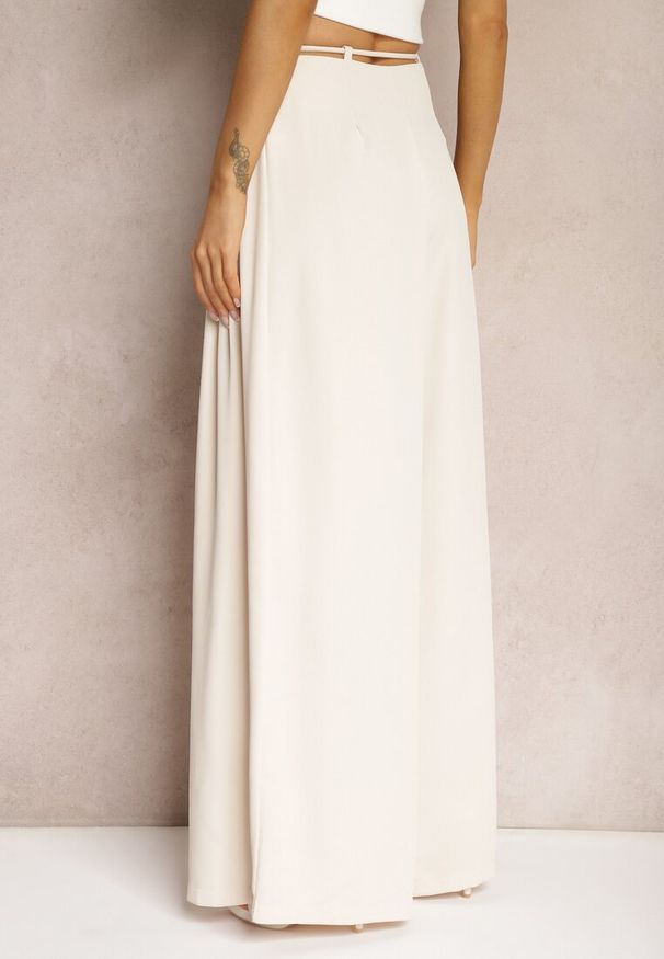 Renee - Jasnobeżowe Szerokie Spodnie High Waist Zapinane na Suwak z Wiązaniem w Talii Vikonnia. Okazja: na co dzień. Stan: podwyższony. Kolor: beżowy. Styl: casual, elegancki, klasyczny