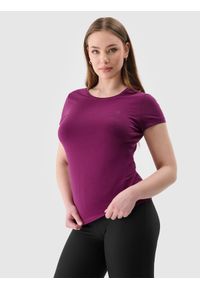 4f - 4F T-shirt slim gładki damski - fioletowy XS. Okazja: na co dzień. Kolor: fioletowy. Materiał: jersey, dzianina, materiał, bawełna, elastan. Wzór: gładki. Styl: sportowy, casual