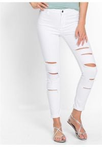 Spodnie SKINNY z wysoką talią i z przetarciami bonprix biały. Kolor: biały #2