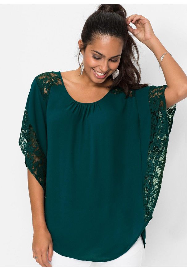 bonprix - Bluzka. Kolor: zielony. Materiał: poliester, koronka