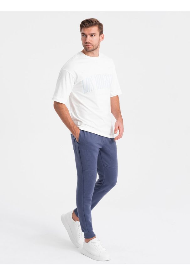 Ombre Clothing - Spodnie dresowe męskie z tkaniny ottoman - ciemnoniebieskie V2. Kolor: niebieski. Materiał: tkanina, dresówka. Styl: sportowy