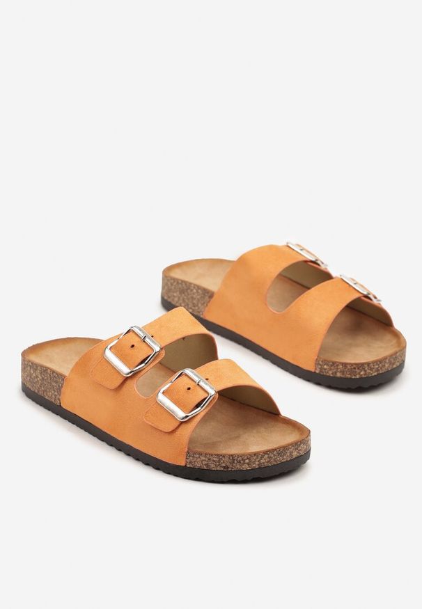 Born2be - Pomarańczowe Klapki na Grubej Korkowej Podeszwie z Dwoma Paskami Ivelimi. Okazja: na co dzień. Kolor: pomarańczowy. Materiał: skóra. Styl: elegancki, casual