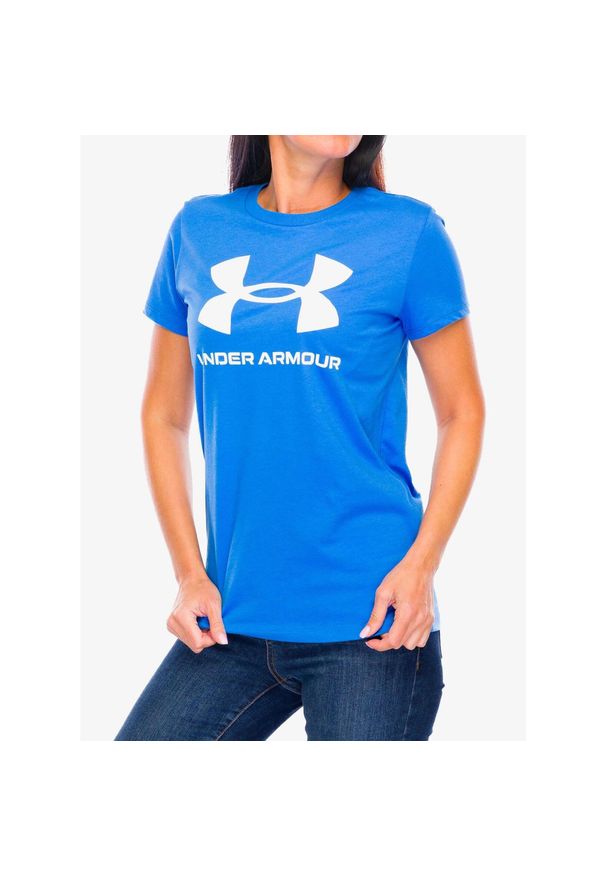 Koszulka z nadrukiem damska Under Armour Logo. Kolor: niebieski. Wzór: nadruk. Sport: fitness