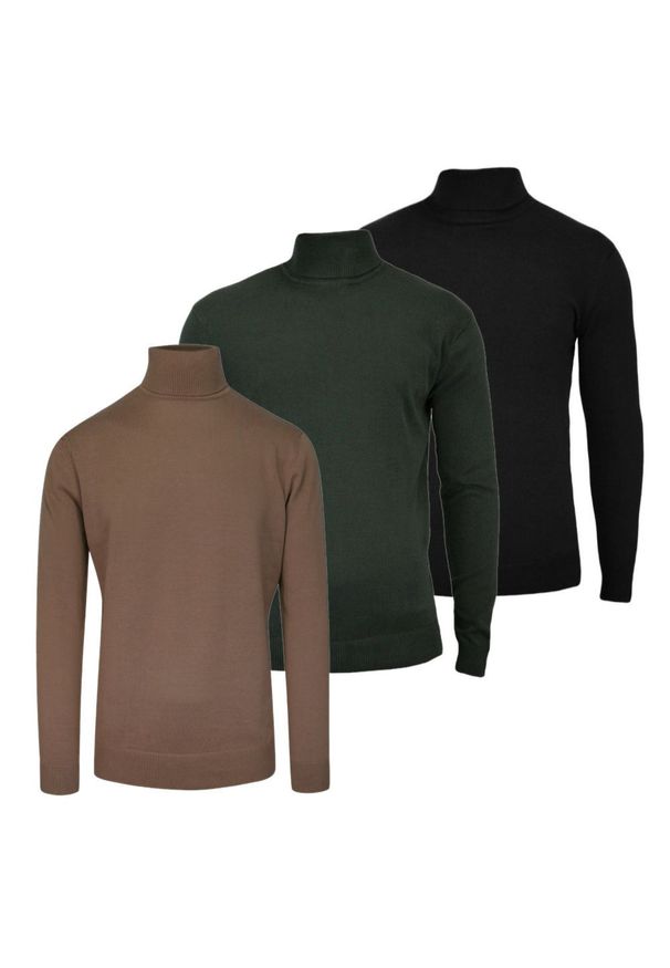 Zestaw Trzech Męskich Golfów - Brave Soul - Czarny, Camel i Zieleń Khaki. Typ kołnierza: golf. Kolor: wielokolorowy, czarny, brązowy. Materiał: bawełna. Sezon: zima, jesień. Styl: klasyczny