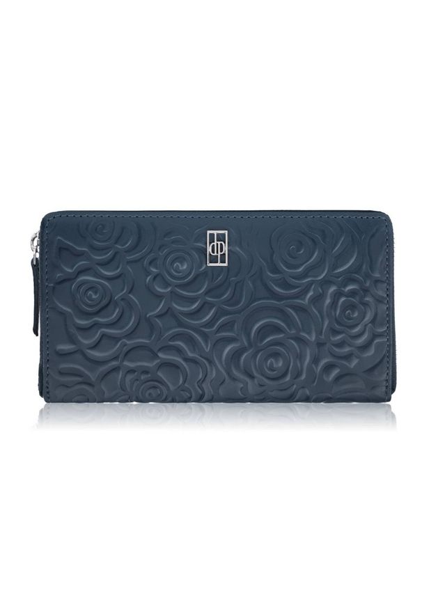 PAOLO PERUZZI - Poziomy portfel damski skórzany granatowy w kwiaty z metalowym logo Paolo Peruzzi AL-13-NV. Kolor: niebieski. Materiał: skóra. Wzór: kwiaty