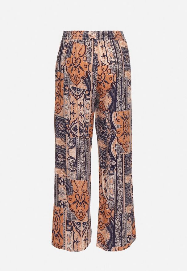 Born2be - Niebiesko-Pomarańczowe Spodnie Palazzo z Wiskozy z Gumką w Talii Lirfea. Okazja: na co dzień. Kolor: niebieski. Materiał: wiskoza. Styl: casual, boho, elegancki, klasyczny