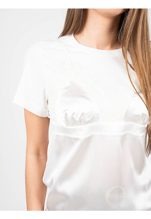 Pinko T-shirt "Rex" | 1C10BP 8359 | Rex | Kobieta | Biały. Okazja: na co dzień. Kolor: biały. Materiał: jedwab, acetat. Długość rękawa: krótki rękaw. Długość: krótkie. Wzór: aplikacja, koronka. Styl: casual