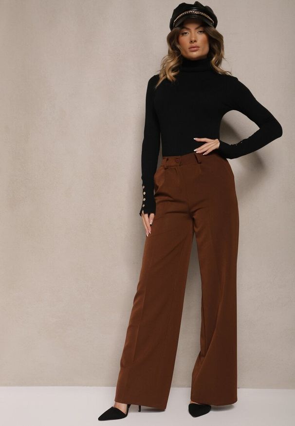 Renee - Brązowe Szerokie Spodnie High Waist z Gumką w Pasie Eternel. Okazja: na spotkanie biznesowe. Stan: podwyższony. Kolor: brązowy. Materiał: koronka. Styl: biznesowy