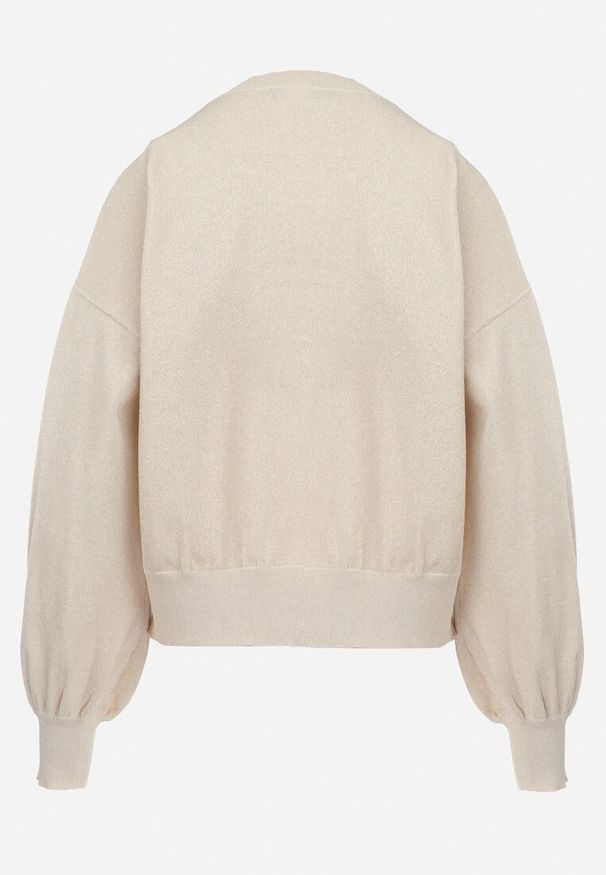 Born2be - Beżowy Sweter o Klasycznym Fasonie z Metaliczną Nicią Auliana. Kolor: beżowy. Wzór: napisy. Styl: klasyczny
