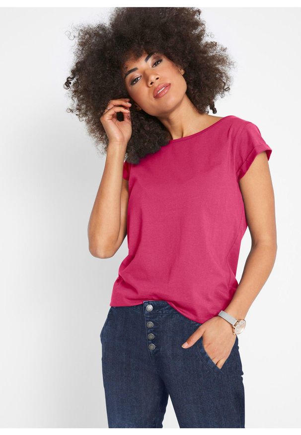 bonprix - Shirt bawełniany, krótki rękaw. Kolor: różowy. Materiał: bawełna. Długość rękawa: krótki rękaw. Długość: krótkie