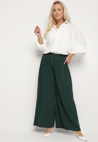 Born2be - Zielone Szerokie Spodnie z Plisowanej Tkaniny z Gumką w Pasie Cesele. Kolekcja: plus size. Kolor: zielony. Materiał: tkanina. Styl: elegancki #7