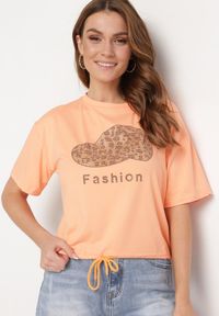 Born2be - Pomarańczowy T-shirt Ściągany na Dole Troczkiem z Cyrkoniami i Nadrukiem Moasstra. Kolor: pomarańczowy. Materiał: dzianina. Wzór: nadruk. Sezon: lato #3