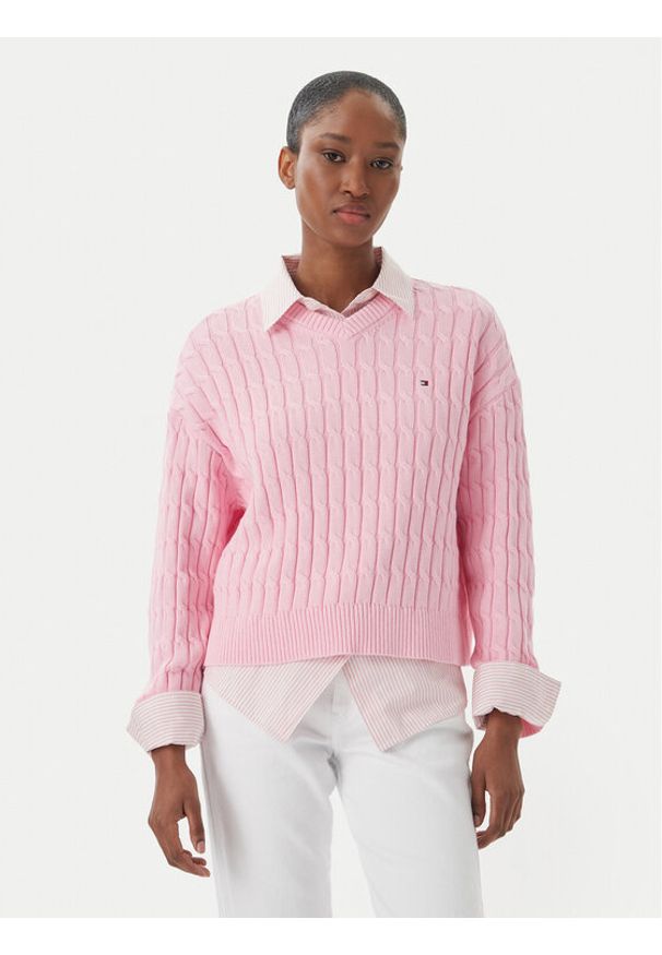 TOMMY HILFIGER - Tommy Hilfiger Sweter WW0WW48433 Różowy jasny Regular Fit. Kolor: różowy. Materiał: bawełna