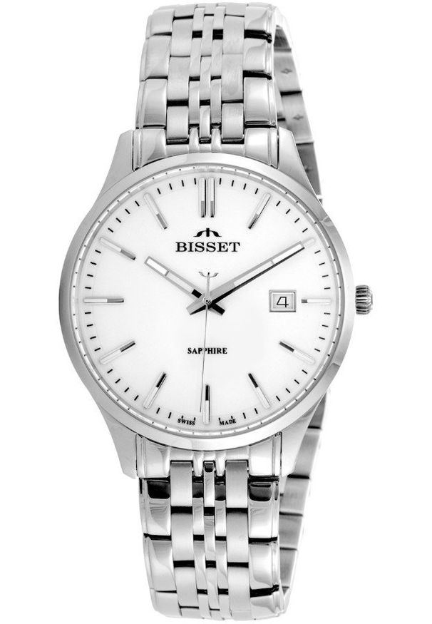 Szwajcarski zegarek męski Bisset BSDF38 szafirowe szkło srebrny srebrna tarcza. Kolor: srebrny, niebieski, wielokolorowy