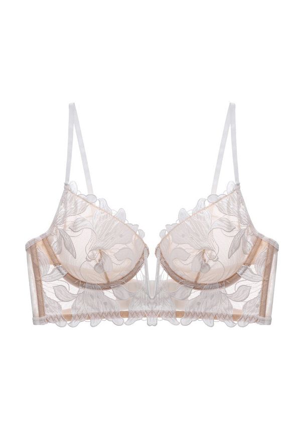 Intica - Koronkowa braletka z fiszbinami regulowane ramiączka elegancki styl Waltraude. Kolor: beżowy. Materiał: koronka. Rodzaj stanika: biustonosz z fiszbinami. Wzór: koronka