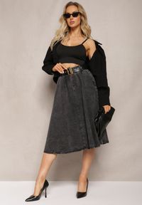 Renee - Czarna Rozkloszowana Spódnica Jeansowa Midi z Paskiem Wendlla. Kolor: czarny. Materiał: jeans #2