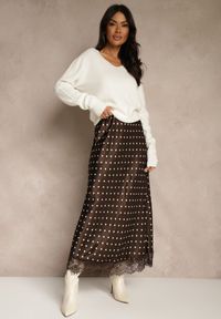 Renee - Brązowa Spódnica z Wiskozy High Waist Ozdobiona Kropkami i Koronką Monivia. Stan: podwyższony. Kolor: brązowy. Materiał: koronka, wiskoza. Wzór: koronka, aplikacja, kropki #3