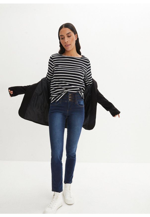 bonprix - Modelujące dżinsy o kroju slim fit, high waist. Stan: podwyższony. Kolor: niebieski