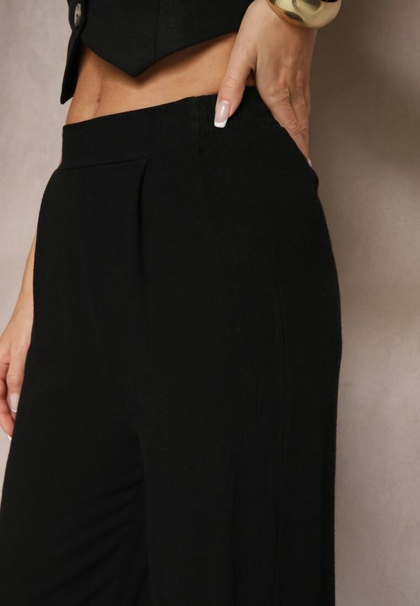 Renee - Czarne Spodnie z Lnem i Bawełną o Szerokim Kroju High Waist Sallieta. Okazja: na co dzień. Stan: podwyższony. Kolor: czarny. Materiał: len, bawełna. Styl: casual