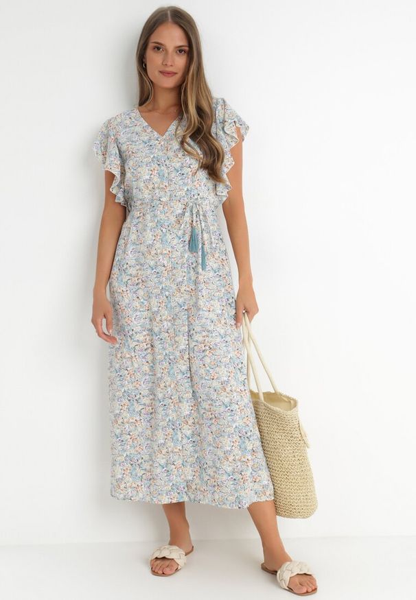 Born2be - Miętowa Sukienka Lanby. Typ kołnierza: kołnierz z falbankami. Kolor: miętowy. Materiał: materiał. Wzór: nadruk, aplikacja, kwiaty. Styl: elegancki. Długość: maxi