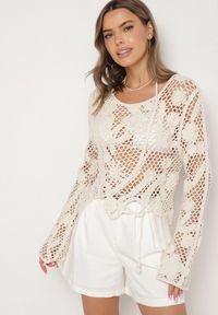 Born2be - Beżowa Ażurowa Bluzka z Bawełny Halerose. Okazja: na co dzień. Kolor: beżowy. Materiał: bawełna. Wzór: ażurowy. Styl: klasyczny, casual