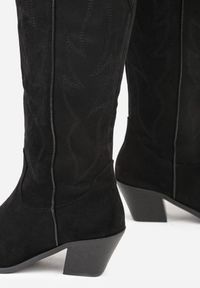 Renee - Czarne Haftowane Kozaki Kowbojki na Stożkowym Obcasie Galianna. Okazja: na co dzień. Kolor: czarny. Materiał: jeans, koronka. Wzór: haft. Obcas: na obcasie. Styl: casual. Wysokość obcasa: średni #7