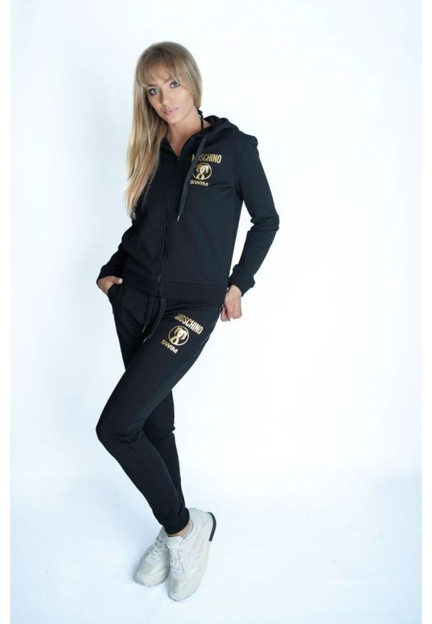 MOSCHINO SWIM Bluza damska rozpinana z kapturem czarna, Rozmiar XS. Typ kołnierza: kaptur. Kolor: czarny. Materiał: bawełna