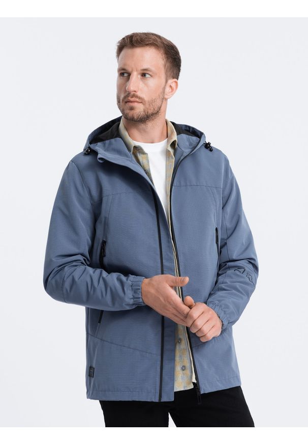 Ombre Clothing - Kurtka męska przejściowa z kapturem - niebieska V3 - Rozmiar: M. Typ kołnierza: kaptur. Kolor: niebieski. Materiał: poliester. Wzór: nadruk