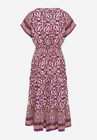 Born2be - Ciemnofioletowa Bawełniana Sukienka z Gumką w Talii i Guzikami Natiflione. Okazja: na co dzień. Typ kołnierza: dekolt w kształcie V. Kolor: fioletowy. Materiał: bawełna. Typ sukienki: rozkloszowane, oversize. Styl: klasyczny, casual, elegancki #2