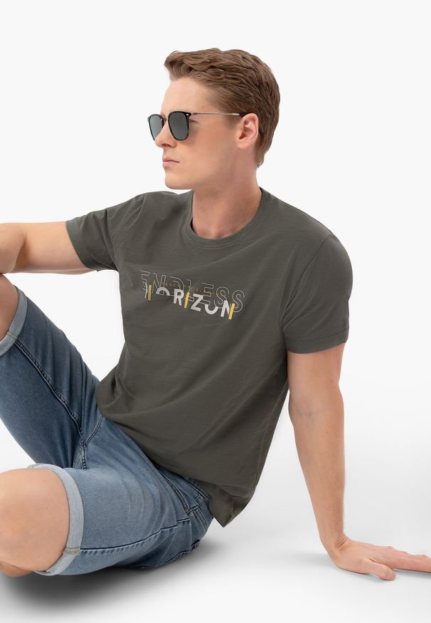 Volcano - T-shirt z napisem T-RIZ. Okazja: na co dzień. Kolekcja: plus size. Materiał: bawełna, jeans, materiał. Długość rękawa: krótki rękaw. Długość: krótkie. Wzór: napisy. Styl: casual, klasyczny