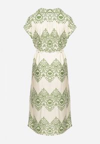 Born2be - Zielono-Beżowa Taliowana Sukienka Boho z Wiskozą Wiązana w Talii Paskiem Losofia. Okazja: na co dzień. Typ kołnierza: dekolt w kształcie V. Kolor: zielony. Materiał: wiskoza. Długość rękawa: krótki rękaw. Wzór: aplikacja. Sezon: lato. Styl: boho #3