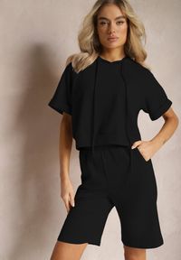 Renee - Czarny Komplet Dresowy Bluza z Kapturem i Krótkimi Rękawami oraz Szorty Choana. Kolor: czarny. Materiał: dresówka #5