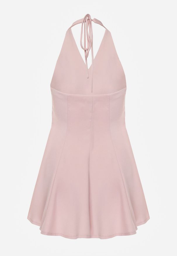 Born2be - Różowa Sukienka Taliowana Wiązana na Szyi z Ozdobnymi Guzikami Cilamene. Okazja: na co dzień. Kolor: różowy. Materiał: poliester. Wzór: aplikacja. Styl: casual, elegancki, klasyczny