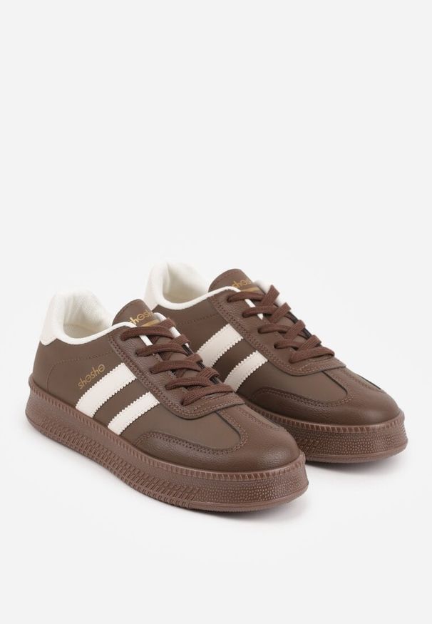 Renee - Brązowe Sneakersy Sportowe VICES z Ozdobnymi Paskami i Przeszyciami Wenilan. Zapięcie: pasek. Kolor: brązowy. Materiał: jeans. Wzór: paski