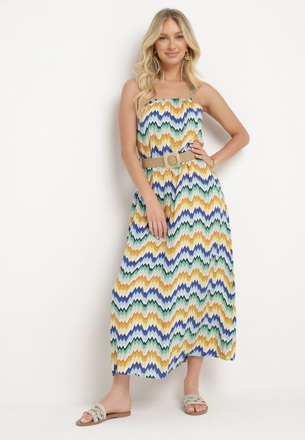 Born2be - Niebiesko-Żółta Sukienka z Wiskozy z Cienkimi Ramiączkami i Paskiem w Talii Vikiri. Okazja: na randkę, na co dzień. Typ kołnierza: dekolt kwadratowy. Kolor: niebieski. Materiał: wiskoza. Długość rękawa: na ramiączkach. Styl: casual