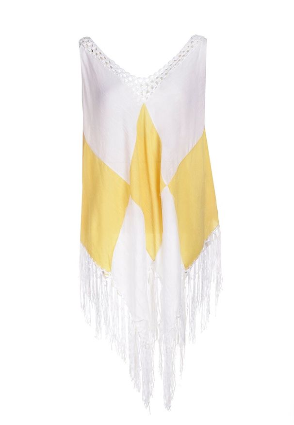 Born2be - Biało-Żółta Tunika Nyssaia. Okazja: na plażę. Kolor: biały. Długość rękawa: bez rękawów. Wzór: kolorowy, ażurowy, aplikacja