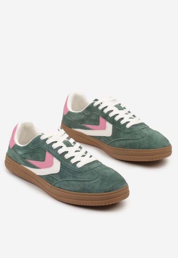Renee - Zielone Sneakersy Skórzane w Stylu Tenisówek z Geometrycznym Motywem Erisane. Okazja: na co dzień. Kolor: zielony. Materiał: skóra. Wzór: geometria
