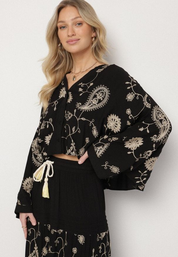 Born2be - Czarny Komplet z Wiskozy w Stylu Boho Koszula Nietoperz i Spódnica Sepalisse. Kolor: czarny. Materiał: wiskoza