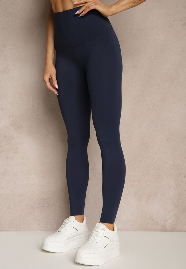 Renee - Granatowe Basicowe Legginsy High Waist Tofelia. Stan: podwyższony. Kolor: niebieski. Materiał: tkanina