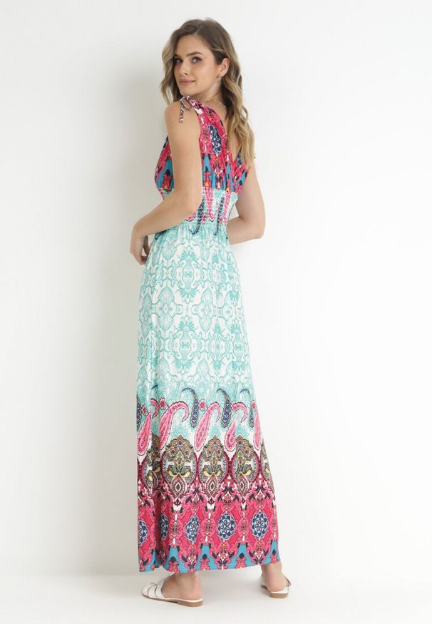 Born2be - Miętowo-Różowa Sukienka z Szeroką Gumką w Talii w Etno Wzór Caroli. Kolor: miętowy. Styl: etno